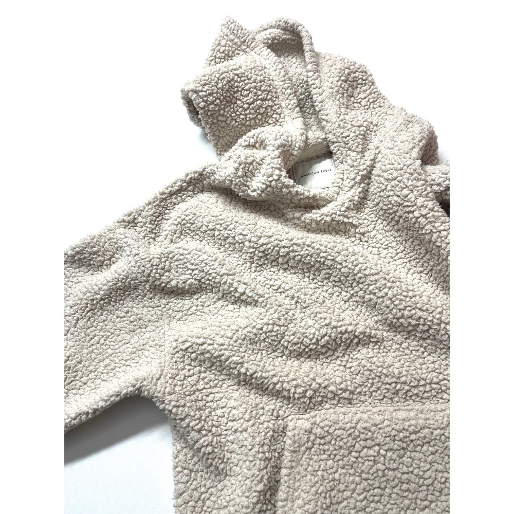 American Eagle Sherpa Hoodie Cream Beige Pullover Fleece Y2K Aesthetic Medium
